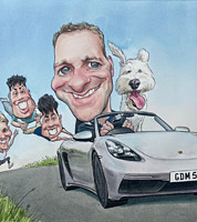 example caricature commissioned for a 50th birthday gift- family and porsche car