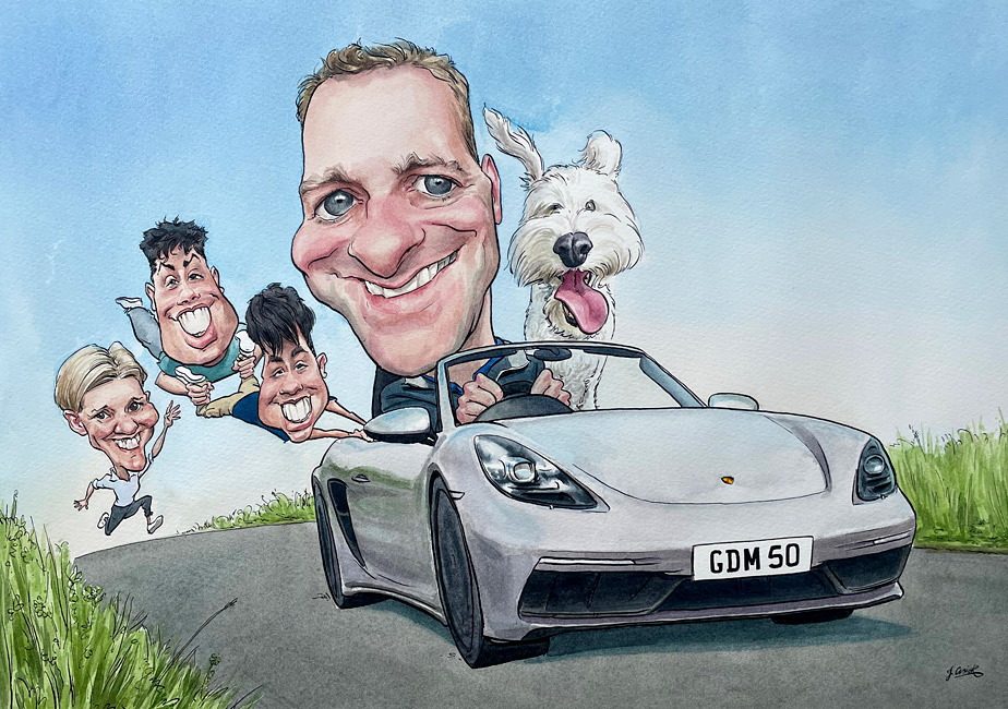 sample artwork commissioned for a 50th birthday gift in ink and watercolour. Family chasing man driving porsche car with dog