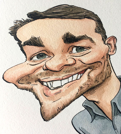 caricature drawing in ink and watercolour, commission leaving gifts for business staff
