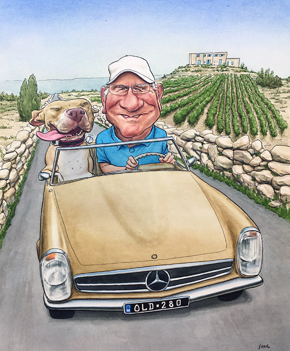 sample caricature commissioned as a gift- dad driving classic car with dog