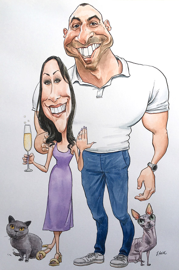 caricature drawing of engaged couple with engagement ring. How to commission a caricature