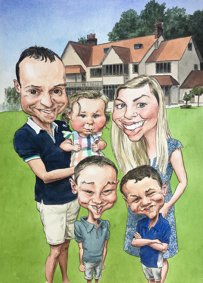 example of caricature commission- family and children in front of house- ink and watercolour