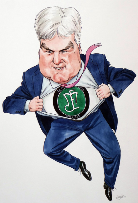caricature of retiring headteacher by caricaturist jonathan cusick, ink and watercolour painting