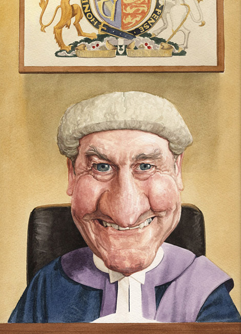 Caricature commission for legal profession; Judge wearing wig in courtroom, watercolour