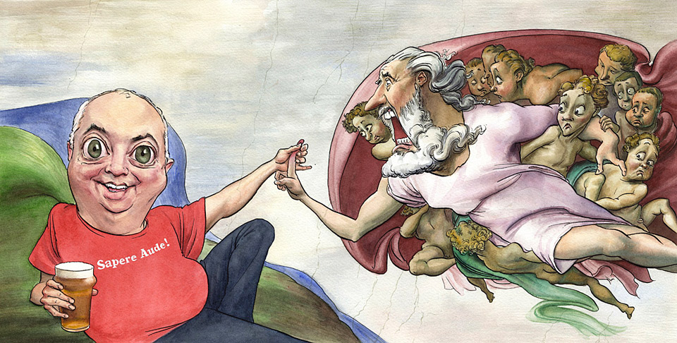 commission a caricature sample- ink and watercolour painting of man flexing god's finger