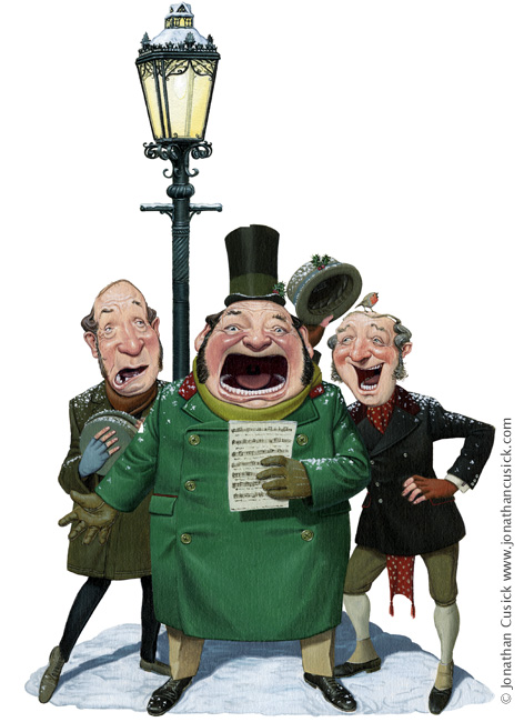 cartoon illustration of  victorian -style carol singers at Christmas