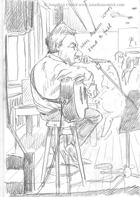 drawing in pencil by cartoonist jonathan cusick of guitarist at open mic event