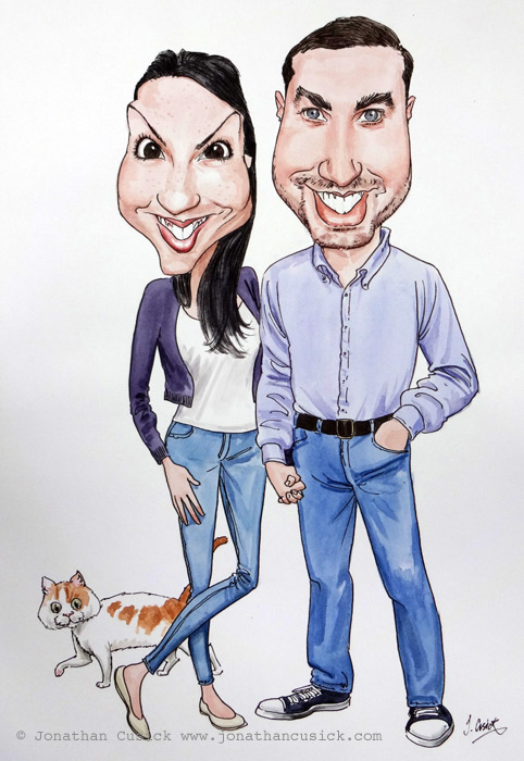 caricature commission of couple in ink and watercolour buy UK caricaturist Jonathan Cusick