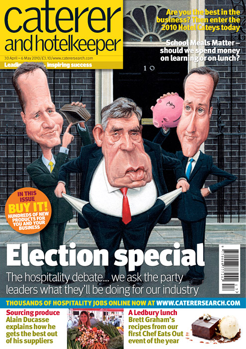 Caricatures of David Cameron, Gordon Brown and Nick Clegg during the recession. political cartoon for magazine cover election issue