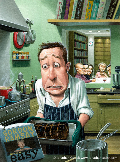 illustration for Reader's Digest by Jonathan Cusick of celebrity cookbook and dinner party