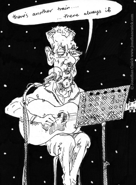 reportage cartoon drawing in sketchbook of guitarist performing at folk club