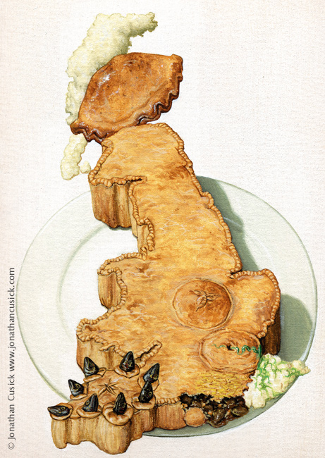 painted map of great britain, UK, united Kingdom, showing pies of the different regions; Melton Mowbray pork pie, Stargazey pie and Pie 'n'mash