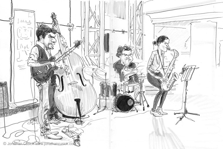 sketchbook drawing of jazz musicians- dan messore and indigo kid