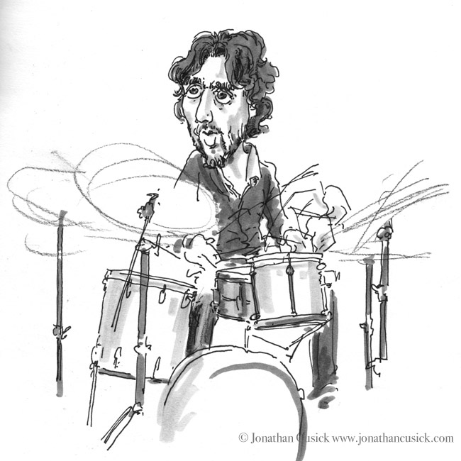 drawing by illustrator in sketchbook of jazz drummer