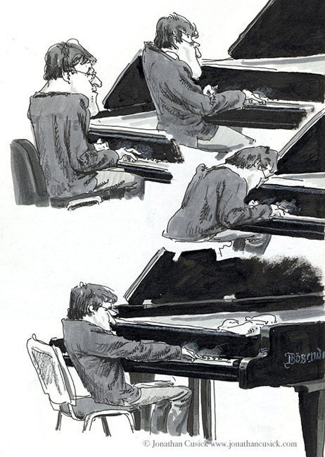 reportage drawings of jazz pianist John Lawin cartoonist sketchbook