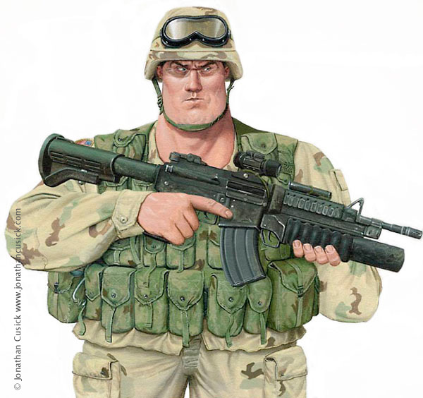 Book Cover illustration for 'american dream global Nightmare by Ziauddin Sardar. Cartoon illustration of american special forces soldier