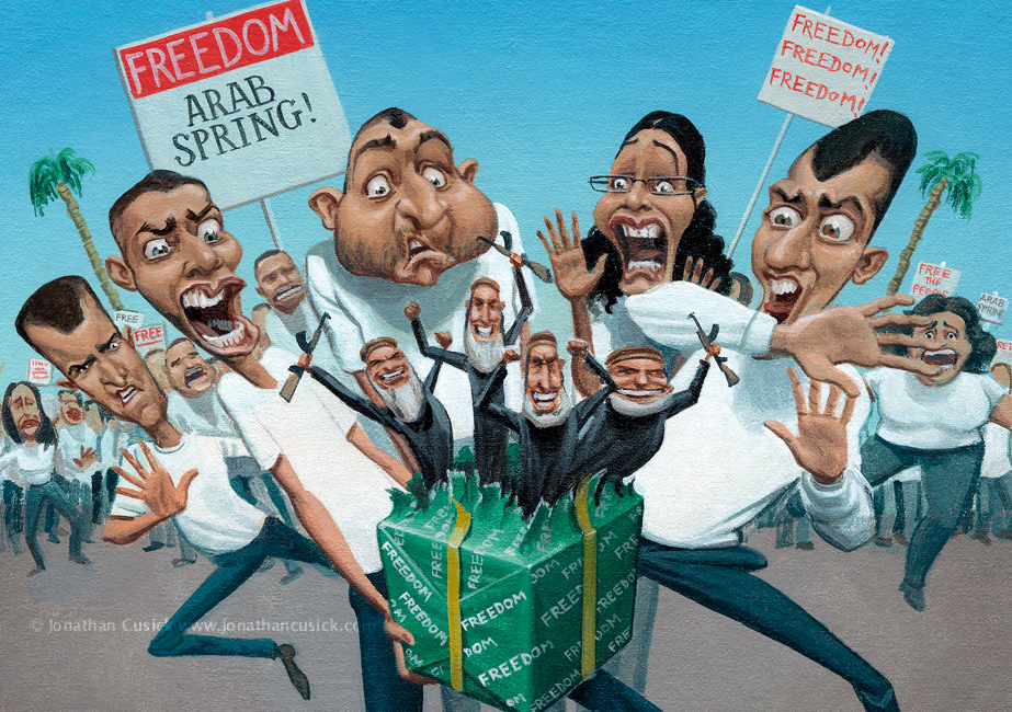 Topical cartoon illustration for news magazine cover; arab spring, isis cartoon, freedom, terrorism