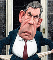 caricature of gorndon brown. political cartoon of prime minister outside downing street