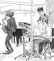sketchbook drawing of jazz quartet by caricaturist jonathan cusick