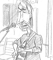 sketchbook drawing of singing guitarist, open mic night
