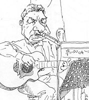 reportage drawing in sketchbook of guitarist singing