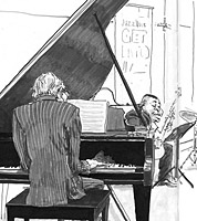 caricature drawing of trombone quartet