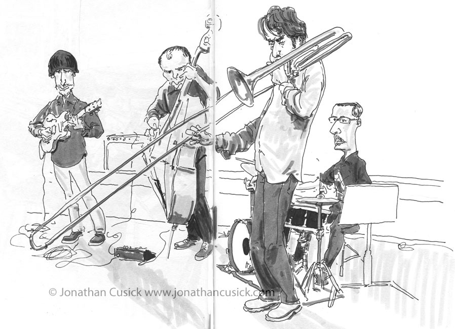 sketchbook drawing of jazz trombonist