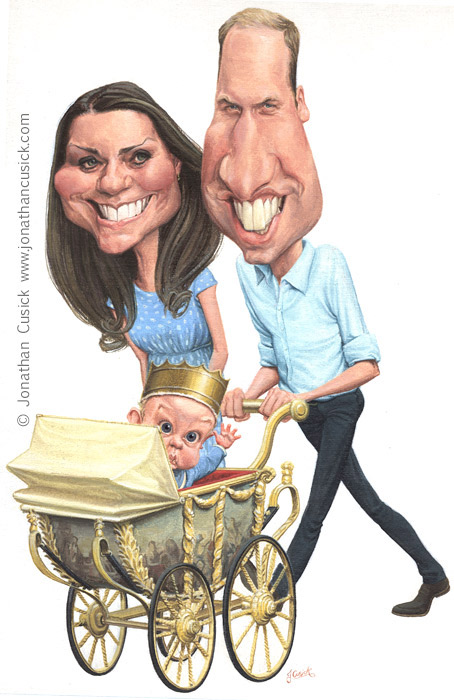 caricature illustration of william and kate middelton, prince george. Royal baby cartoon by jonathan cusick